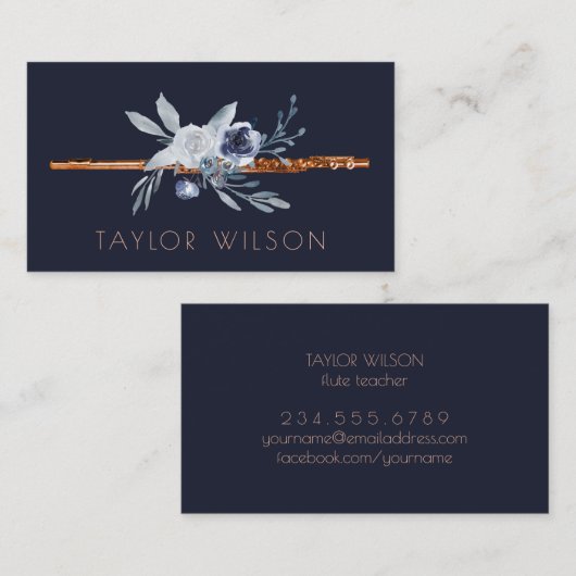 dusty blue floral flute leraar visitekaartje (Voorkant / Achterkant)