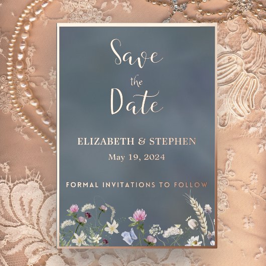 Dusty Blue Floral Folie Bewaar de datum Kaart