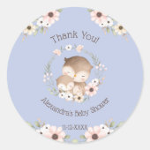 Dusty Blue Floral Forest Owl Baby shower Dank u Ronde Sticker (Voorkant)