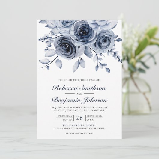 Dusty Blue Floral Foto Collage QR Code Weddenschap Kaart (Staand voorkant)