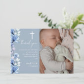 Dusty Blue Floral foto doop doop doopsel Bedankkaart (Staand voorkant)