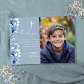 Dusty Blue Floral Foto Eerste Heilige Communie Bedankkaart