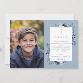Dusty Blue Floral Foto Eerste Heilige Communie Bedankkaart