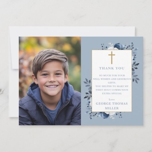 Dusty Blue Floral Foto Eerste Heilige Communie Bedankkaart (Voorkant)