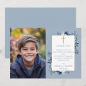 Dusty Blue Floral Foto Eerste Heilige Communie Bedankkaart (Voorkant / Achterkant)