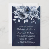 Dusty Blue Floral Foto QR Code Navy Weddenschap Kaart (Voorkant)