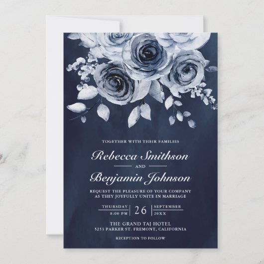 Dusty Blue Floral Foto QR Code Navy Weddenschap Kaart (Voorkant)