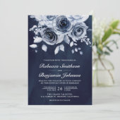 Dusty Blue Floral Foto QR Code Navy Weddenschap Kaart (Staand voorkant)