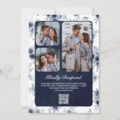 Dusty Blue Floral Foto QR Code Navy Weddenschap Kaart (Achterkant)