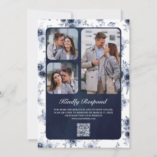 Dusty Blue Floral Foto QR Code Navy Weddenschap Kaart (Achterkant)