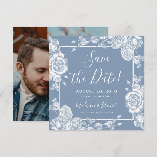 Dusty Blue Floral foto Save the Date Kaart (Voorkant / Achterkant)