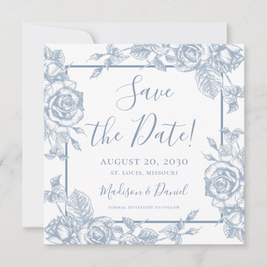 Dusty Blue Floral foto Save the Date Kaart (Voorkant)