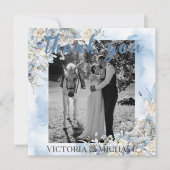 Dusty Blue Floral Foto Waterverf Wedding Bedankkaart (Voorkant)