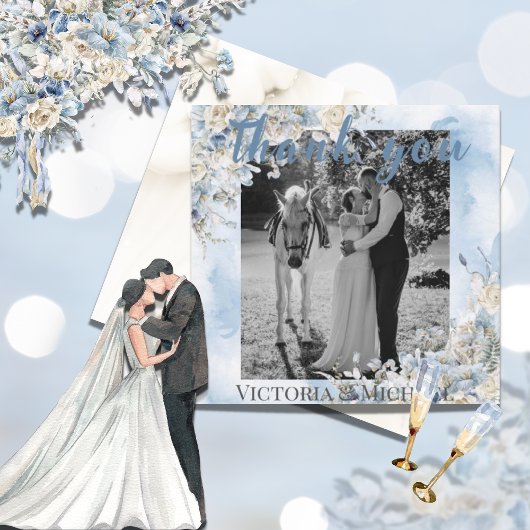 Dusty Blue Floral Foto Waterverf Wedding Bedankkaart