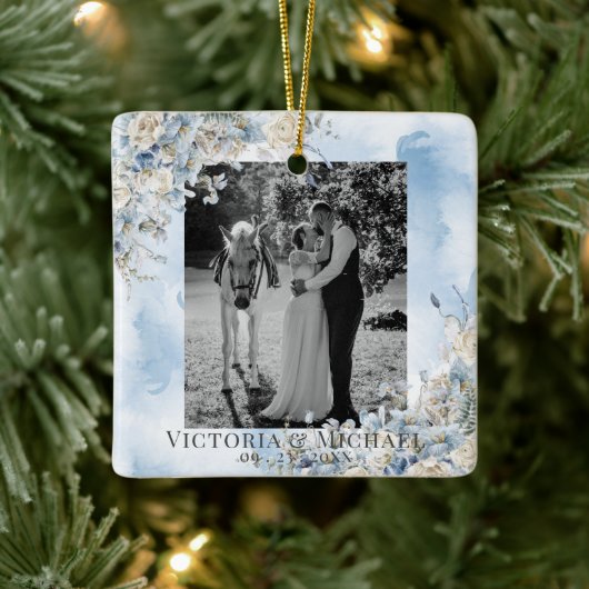 Dusty Blue Floral Foto Waterverf Wedding Keramisch Ornament (Boom)