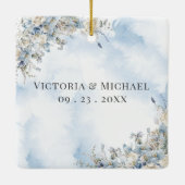 Dusty Blue Floral Foto Waterverf Wedding Keramisch Ornament (Achterkant)