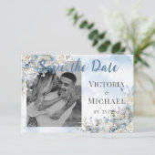 Dusty Blue Floral Foto Waterverf Wedding Save The Date (Staand voorkant)