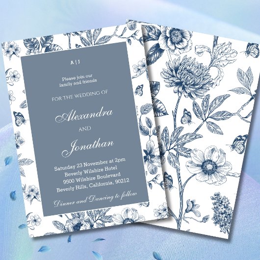 Dusty Blue  Floral Franse bruiloft Kaart