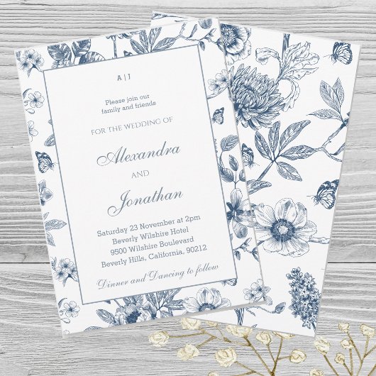 Dusty Blue  Floral Franse bruiloft Kaart