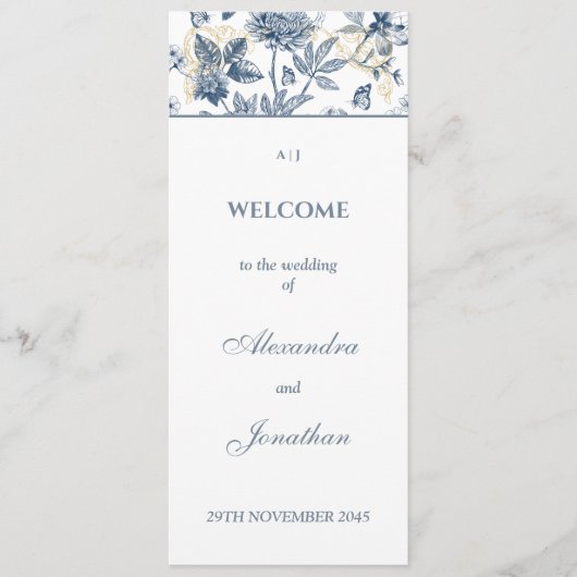 Dusty Blue Floral Franse bruiloft programma Programmakaart (Voorkant)