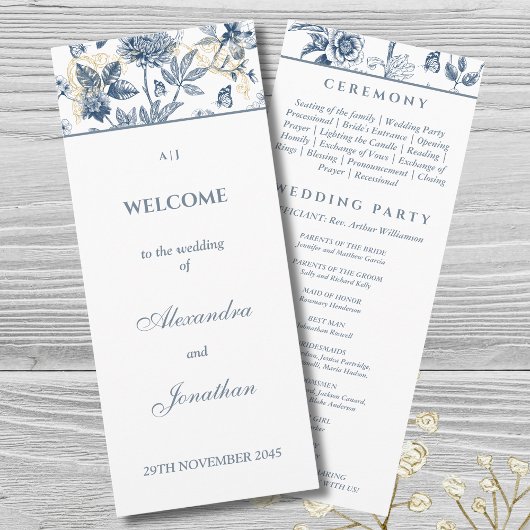 Dusty Blue Floral Franse bruiloft programma Programmakaart