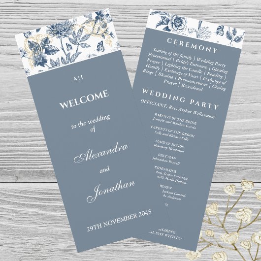 Dusty Blue Floral Franse bruiloft programma Programmakaart
