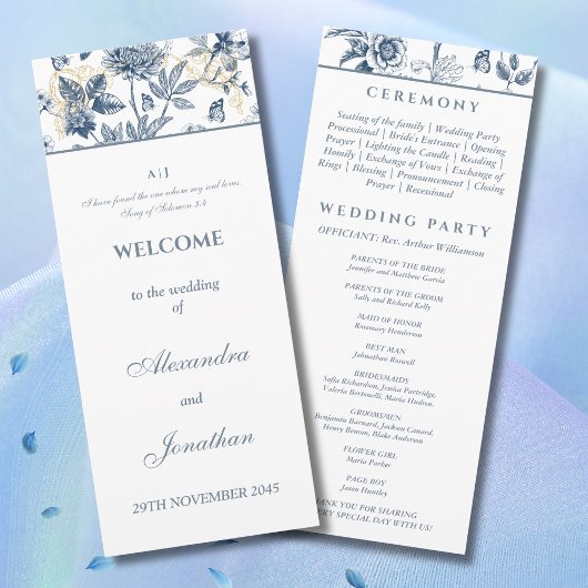 Dusty Blue Floral French Christian Wedding Program Programmakaart