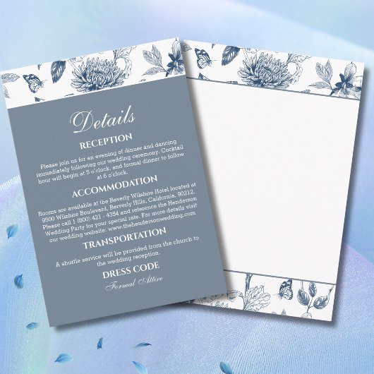 Dusty Blue  Floral French Wedding Details Informatiekaartje