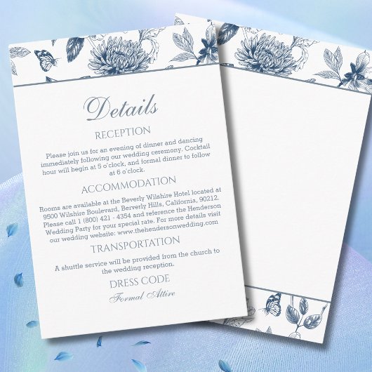 Dusty Blue  Floral French Wedding Details Informatiekaartje