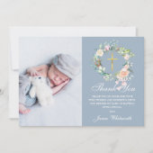 Dusty Blue Floral Garland Baptism Foto Bedankkaart (Voorkant)