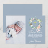 Dusty Blue Floral Garland Baptism Foto Bedankkaart (Voorkant / Achterkant)