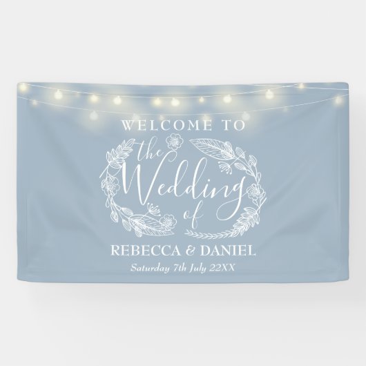 Dusty Blue Floral Garland Script bruiloft Spandoek (Horizontaal)
