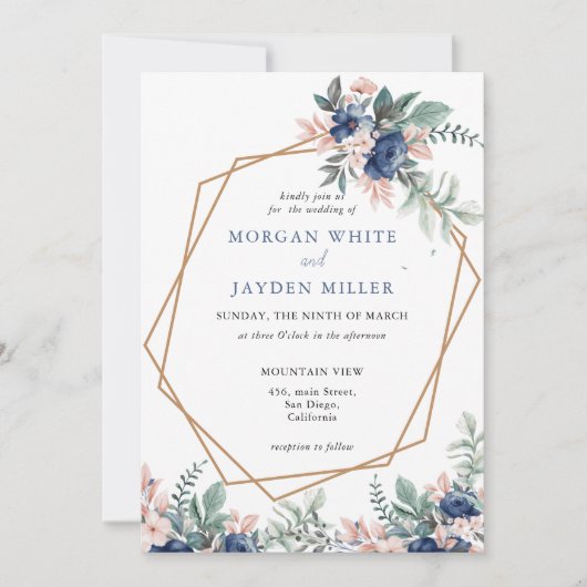 Dusty Blue Floral Geometric Gold Lijst Wedding Kaart (Voorkant)