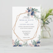 Dusty Blue Floral Geometric Gold Lijst Wedding Kaart (Staand voorkant)