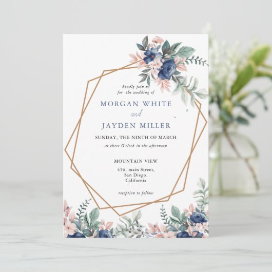 Dusty Blue Floral Geometric Gold Lijst Wedding Kaart (Staand voorkant)