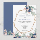 Dusty Blue Floral Geometric Gold Lijst Wedding Kaart (Voorkant / Achterkant)