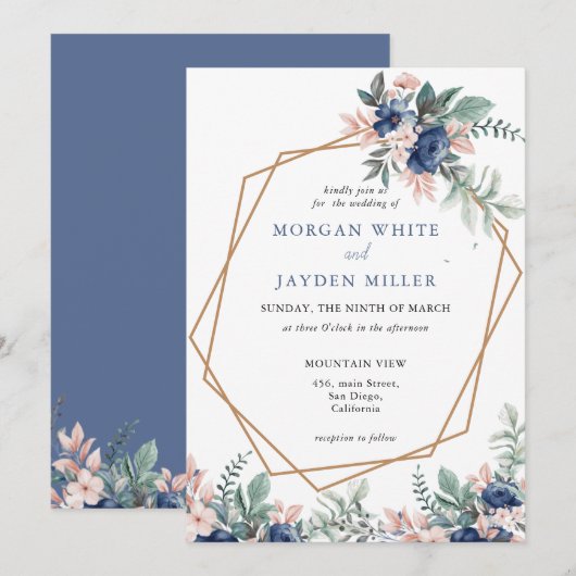 Dusty Blue Floral Geometric Gold Lijst Wedding Kaart (Voorkant / Achterkant)