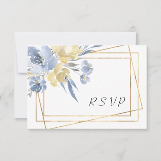 Dusty Blue Floral Geometric Gold Lijst Wedding RSVP Kaartje (Voorkant)