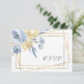 Dusty Blue Floral Geometric Gold Lijst Wedding RSVP Kaartje (Staand voorkant)