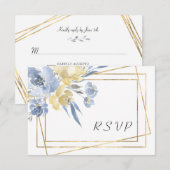 Dusty Blue Floral Geometric Gold Lijst Wedding RSVP Kaartje (Voorkant / Achterkant)