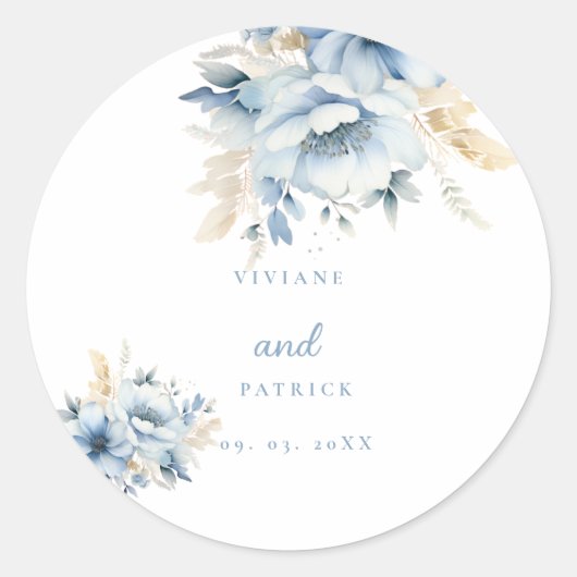Dusty Blue Floral Geometrische Lijst Bloom Wedding Ronde Sticker (Voorkant)