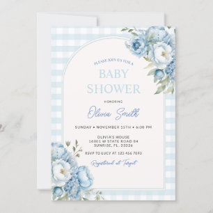 Dusty Blue Floral Gingham Baby shower Kaart