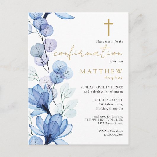 Dusty Blue Floral Gold bevestiging uitnodiging (Voorkant)