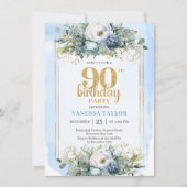 Dusty Blue Floral Gold Chic 90th Birthday Invites Kaart (Voorkant)
