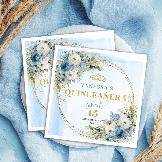 Dusty Blue Floral Gold Frame 15th Birthday Napkins Servet
