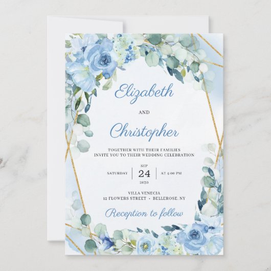 Dusty Blue Floral Gold Geometric Lijst Wedding Kaart (Voorkant)
