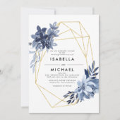 Dusty Blue Floral Gold Geometric Lijst Wedding Kaart (Voorkant)
