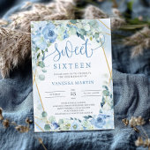 Dusty Blue Floral Gold Geometric Sweet Sixteen Kaart