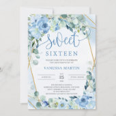 Dusty Blue Floral Gold Geometric Sweet Sixteen Kaart (Voorkant)