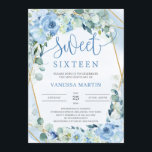 Dusty Blue Floral Gold Geometric Sweet Sixteen Kaart<br><div class="desc">Dusty Blue Floral Gold Geometric Sweet Sixteen-uitnodiging,  Contact met me opnemen voor overeenkomende objecten of voor aanpassingen,  Blush Rozen ©</div>